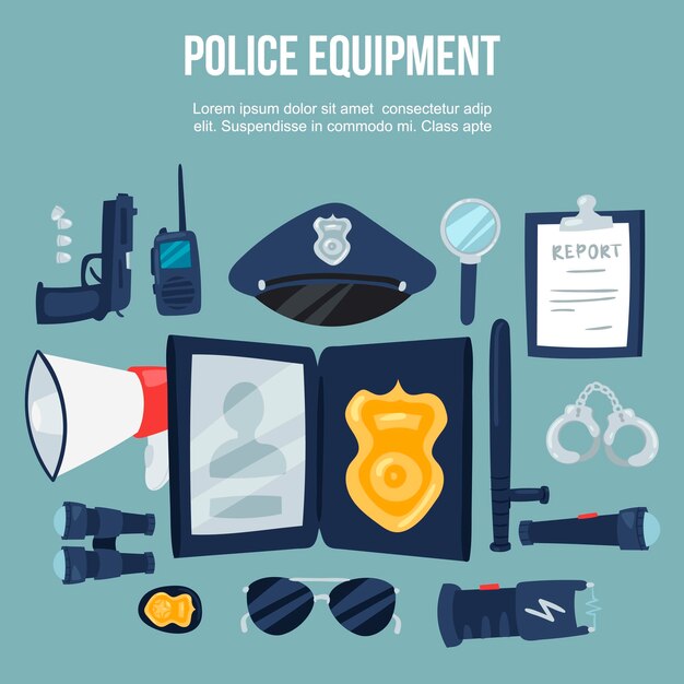 Vector police security equipment illustration set. 