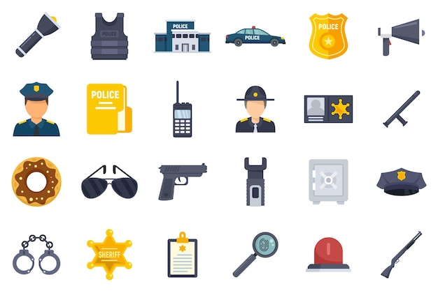 Police station icons set. Flat set of police station vector icons isolated on white background