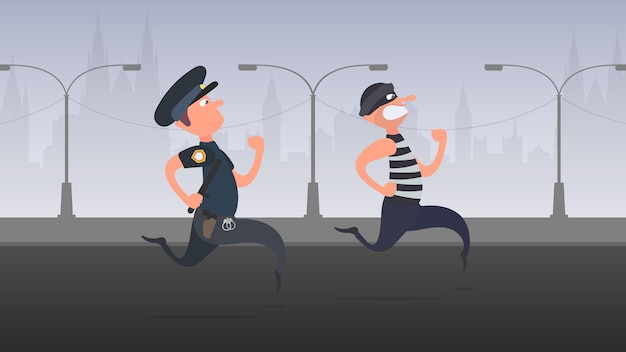 A policeman runs after a thief. The criminal escapes from the policeman. Cartoon style. Vector.