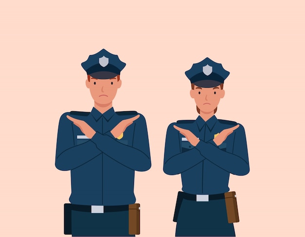 Policeman and woman with crossed arms gesture. Stop sign with hands and negative expression. 