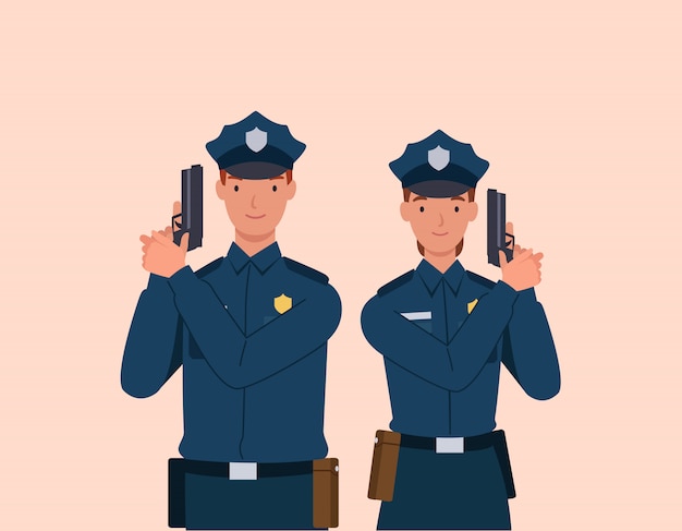 Policeman and woman with gun. 