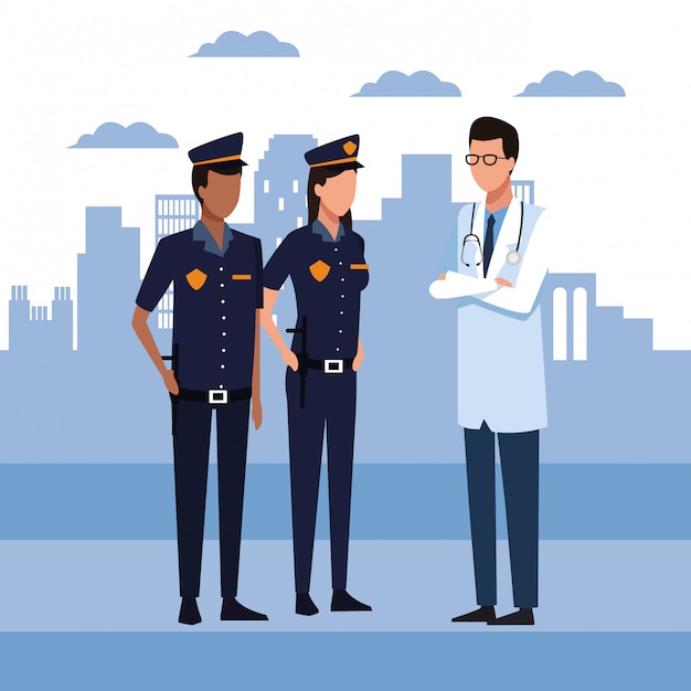 Polices couple and doctor man standing