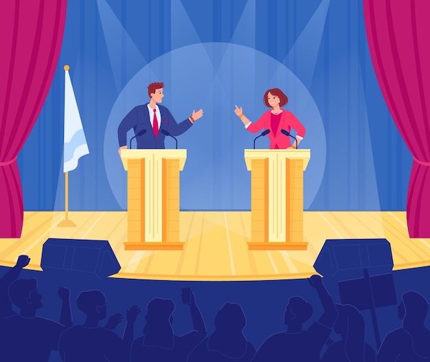 Political debates in audience Government candidate speech of politician election campaign congress party broadcast politics conference on public stage swanky vector illustration