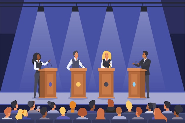 Vector political debates of speakers on podiums politicians talking in front of audience