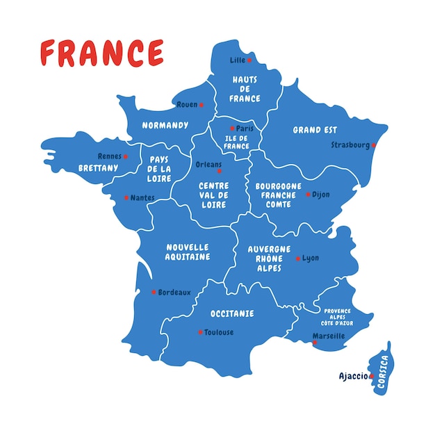 Vector political map of france with french regions hand drawn vector illustration