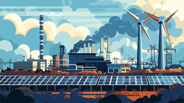 Vector polluting fossil thermal power plant vector illustration