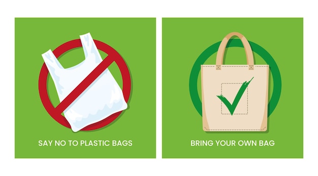 Pollution problem concept Say no to plastic bags bring your own textile bag Vector illustration