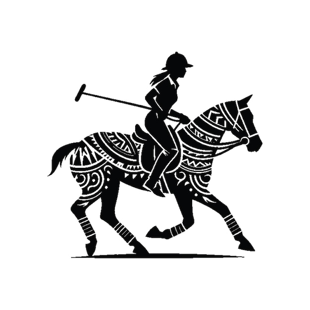 polo player riding horse female player with ethnic polynesia pattern illustration emblem shield badge