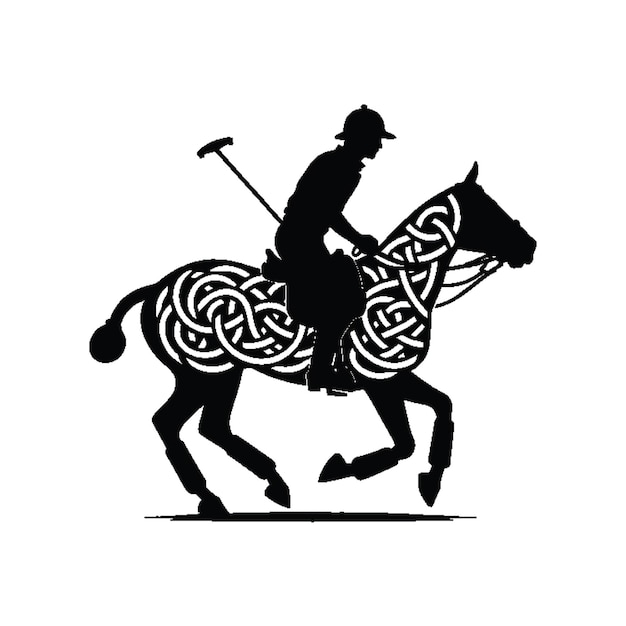 polo player riding horse male player with celtic knot nordic pattern illustration emblem shield badge