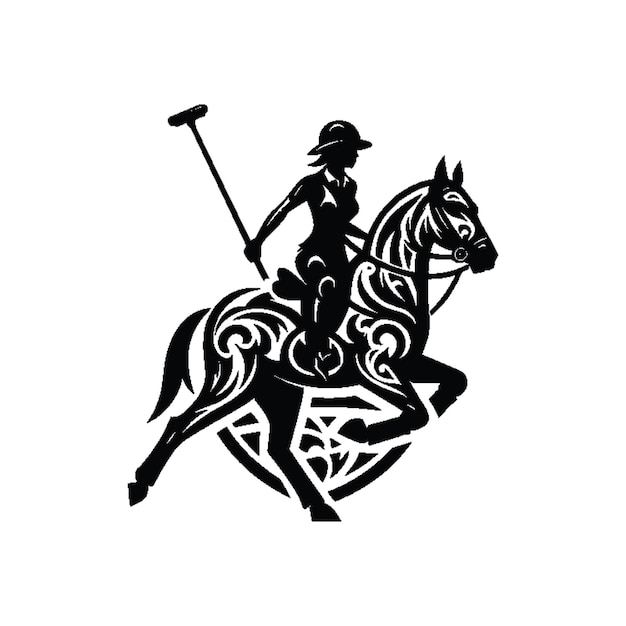 polo sport female player with ethnic tribal tattoo gothic pattern illustration emblem shield badge