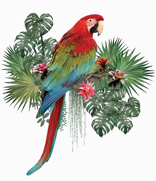 Polygonal Illustration green winged macaw bird with Amazon leafs.