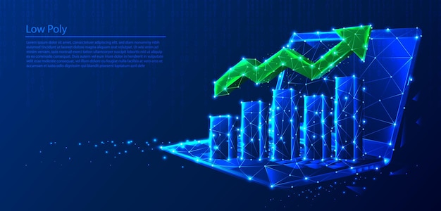 Polygonal laptop with growth charts and green arrow on dark blue tech background, triangles and particle style design.