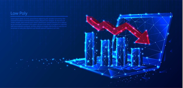 Polygonal laptop with growth charts and red arrow decreasing on dark blue tech background, triangles and particle style design.