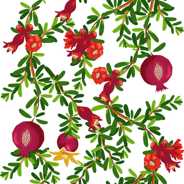 Pomegranate branches with fruits and flowers Seamless pattern Bright leaves and fruits Jewish New Year