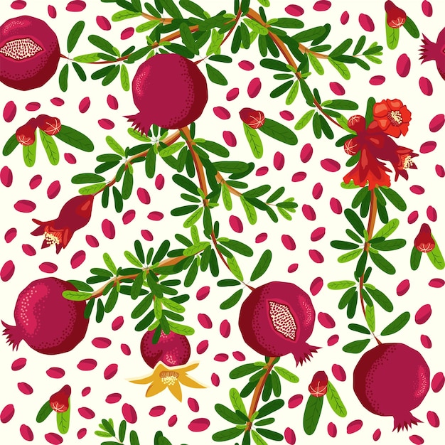 Pomegranate branches with fruits and flowers Seamless pattern Bright leaves and fruits Jewish New Year