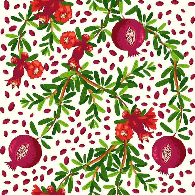 Pomegranate branches with fruits and flowers Seamless pattern Bright leaves and fruits Jewish New Year