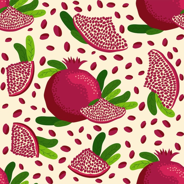 Pomegranate fruit seamless pattern Bright leaves and fruits seeds and lobules Shana Tova seamless pattern