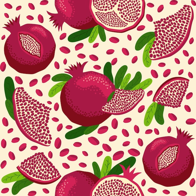 Pomegranate fruit seamless pattern Bright leaves and fruits seeds and lobules Shana Tova seamless pattern