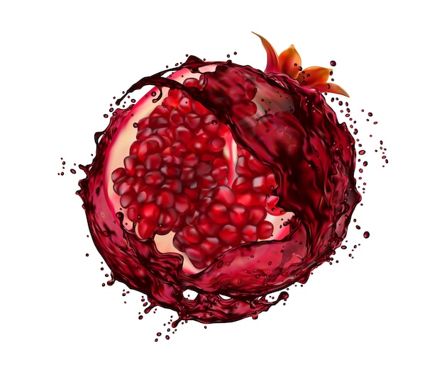 Pomegranate fruit with juice splash vitamin drink