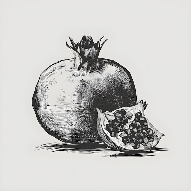 Pomegranate monochrome ink sketch vector drawing engraving style illustration