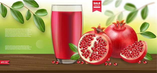 Pomegranate realistic, pomegranate juice nature background  packaging banner