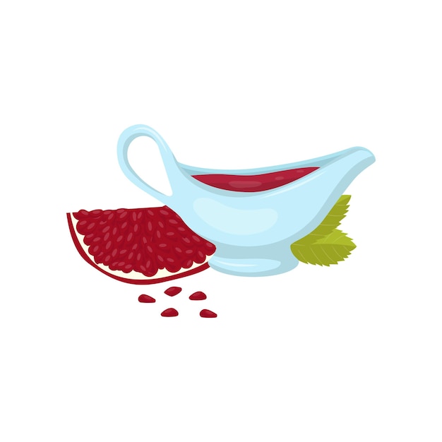 Pomegranate sauce in ceramic sauceboat vector Illustration on a white background