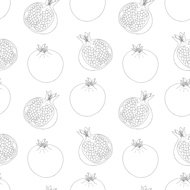 Pomegranate vector seamless pattern. Vegetarian food drawing. Ripe garnet fruit with seeds