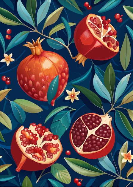 Vector pomegranate with leafs hand painted illustration