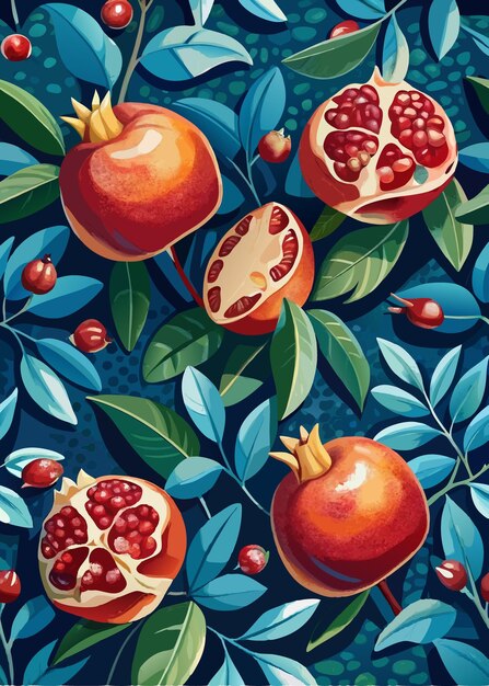 Vector pomegranate with leafs hand painted illustration