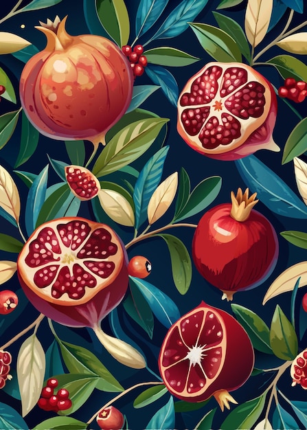 Vector pomegranate with leafs hand painted illustration