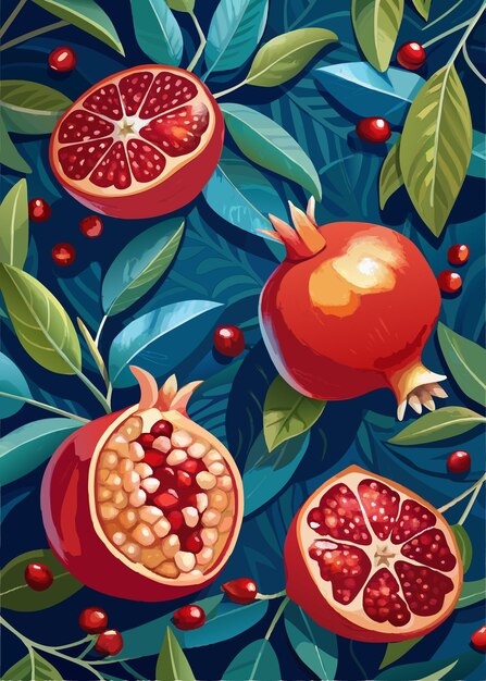 Vector pomegranate with leafs hand painted illustration