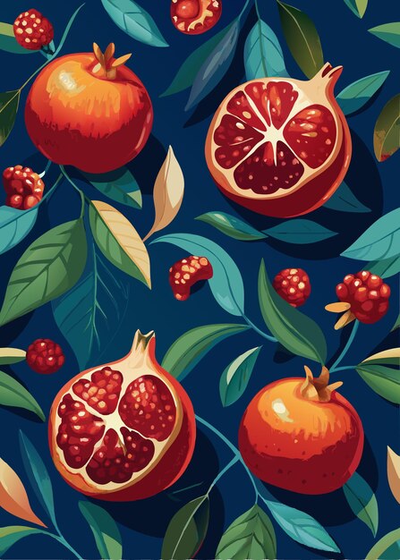 Vector pomegranate with leafs hand painted illustration