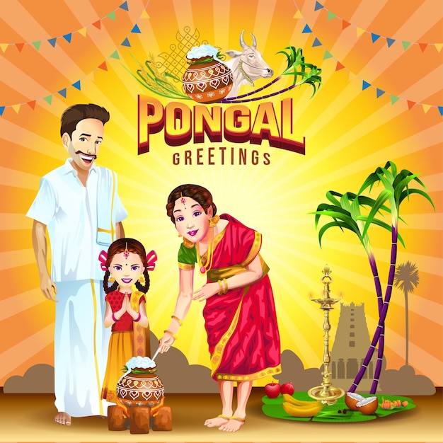 Pongal greetings with happy family celebrating