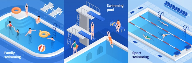 Pool equipment illustration set, isometric style