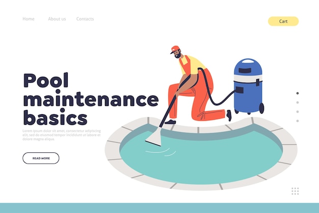 Vector pool maintenance basics concept of landing page with worker in uniform clean water with vacuum cleaner. pool cleaning service, servicing repairing company concept. flat vector illustration