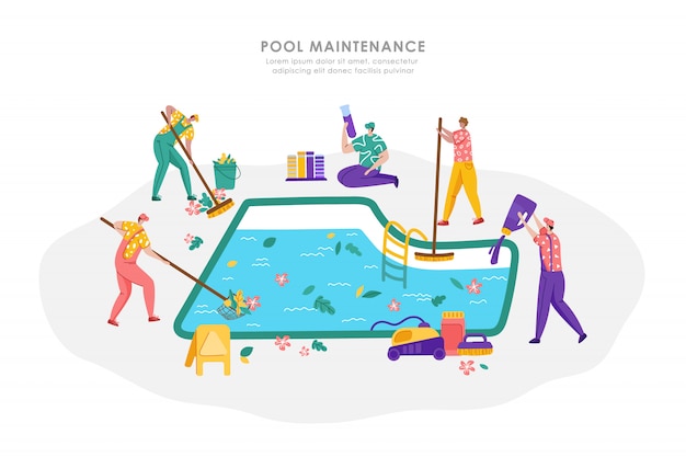 Vector pool maintenance or cleaning service, group of people in uniform is cleaning and taking care of swimming pool