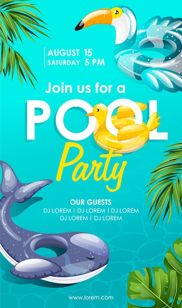 Pool party banner with an inflatable swim pool floats and rings palm leaves Vector illustration