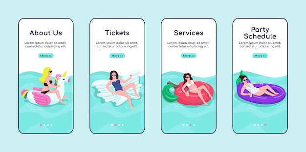 Pool party services onboarding mobile app screen flat  template.