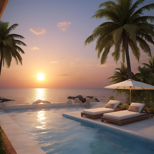 Vector pool with palm trees and a sunset in the background