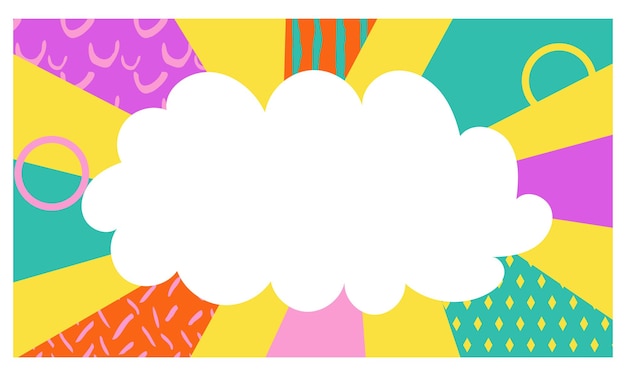 Pop art announcement card with empty cloud bubble and radial beam stripes vector comic background Wow crazy promo page layout Popart cover template 90s fun girlish design nineties frame banner