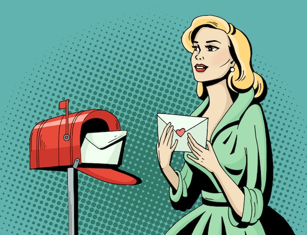 Pop art beautiful woman with love letter and mailbox. Cartoon blonde hollywood movie star receive a postcard.