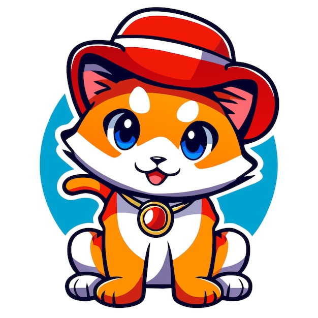 pop art cartoon little cute cat sitting with hat in isolated background vector illustration flat 2