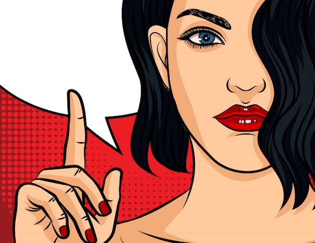 Vector pop art comic style illustration, girl with red lipstick on red dotted