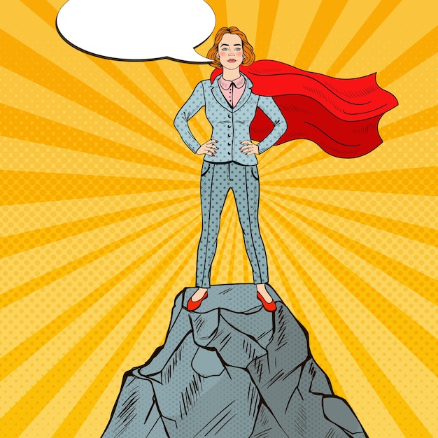 Vector pop art confident business woman super hero in suit with red cape standing on the mountain peak.