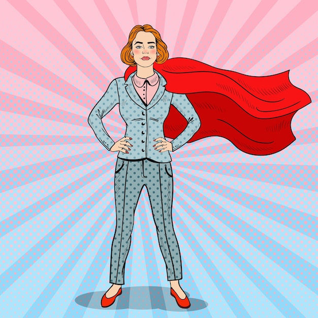 Vector pop art confident business woman super hero in suit with red cape.