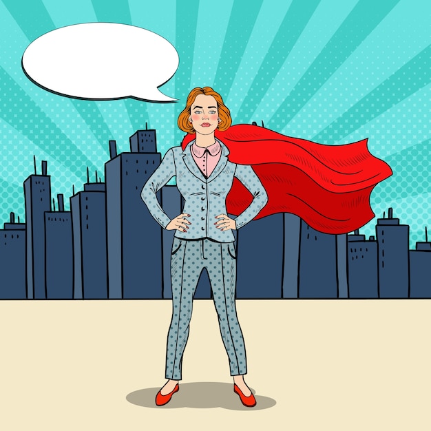 Vector pop art confident business woman super hero in suit with red cape.