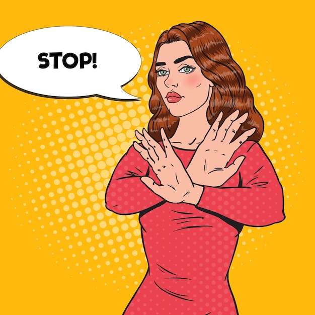 Pop Art Confident Woman Showing Stop Hand Sign. 