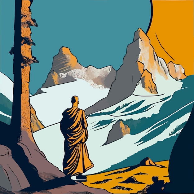 Pop art cool modern tradicional monk buddhist illustration