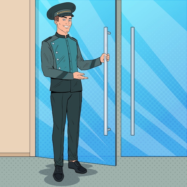 Pop Art Doorman Standing at Hotel Entrance. Doorkeeper in Uniform. Luxury Hotel Service. 