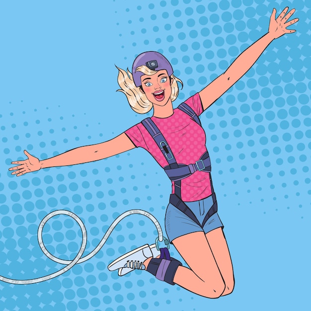 Pop Art Excited Beautiful Woman Jumping Bungee